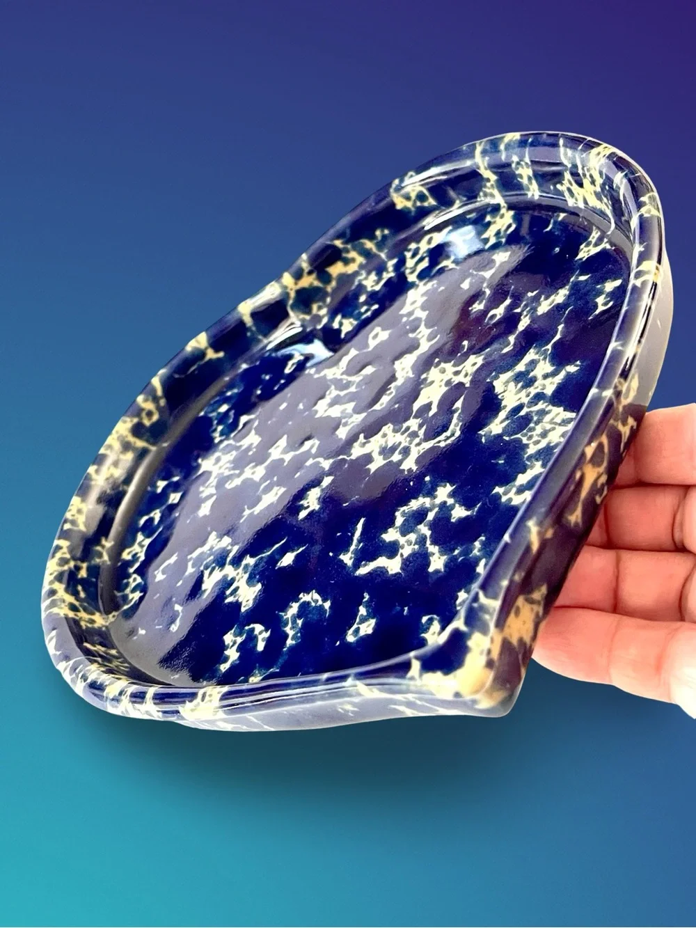 Bennington Potters MCM Spongeware Heart Dish #1950 Blue Agate Glaze, Vermont USA